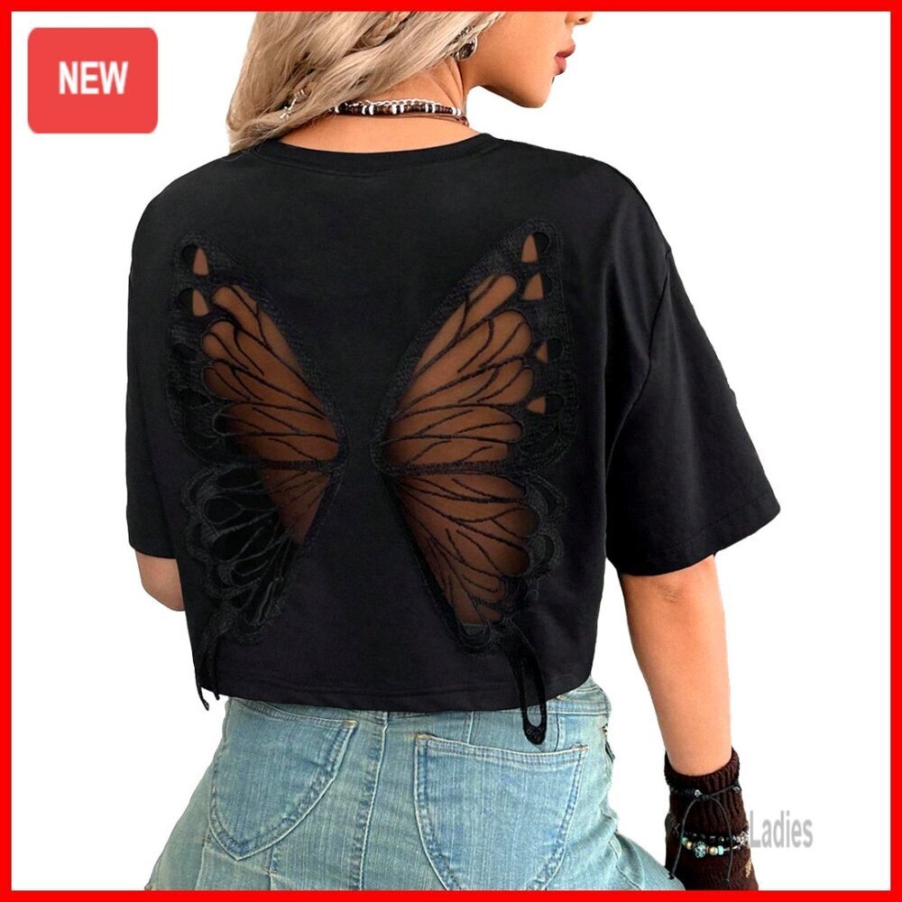 Gothic Butterfly Emo Crop Top, Soft Polyester, Regular Fit, Short Sleeve